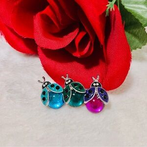 Elegant Silver Tone Multicolor Trio Ladybug Brooch Insect Brooch